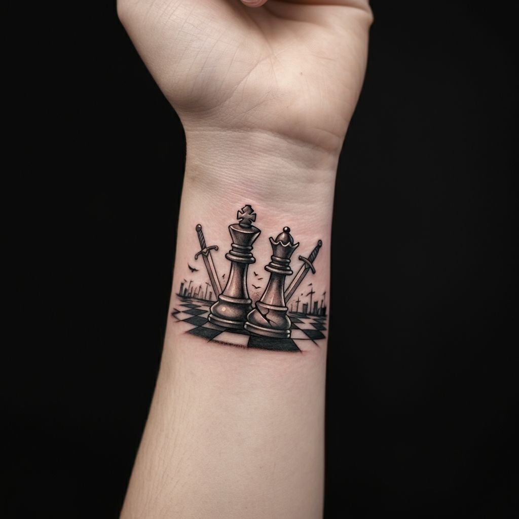 Chess Pieces in Battle Tattoo